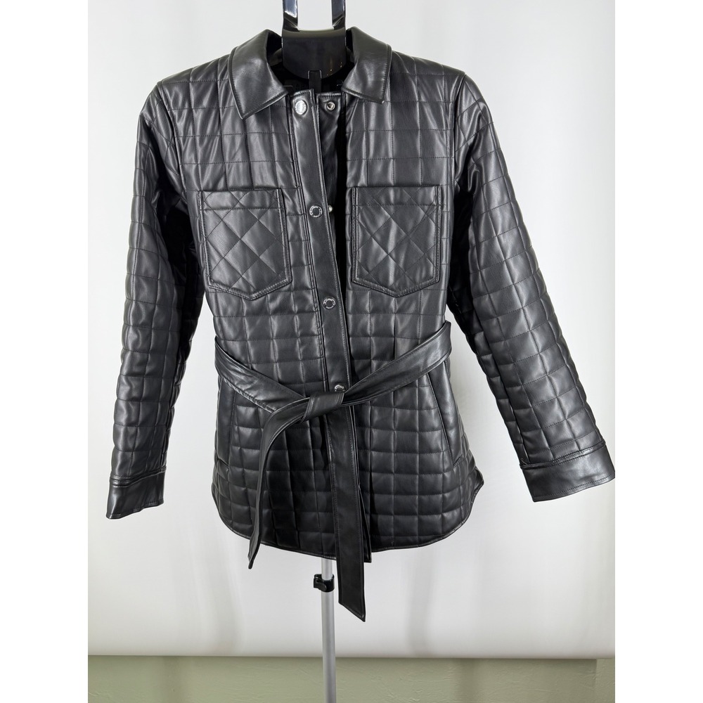 Laundry‎ by Shelli Segal Black Quilted Faux Leather Belted Shirt Jacket M
